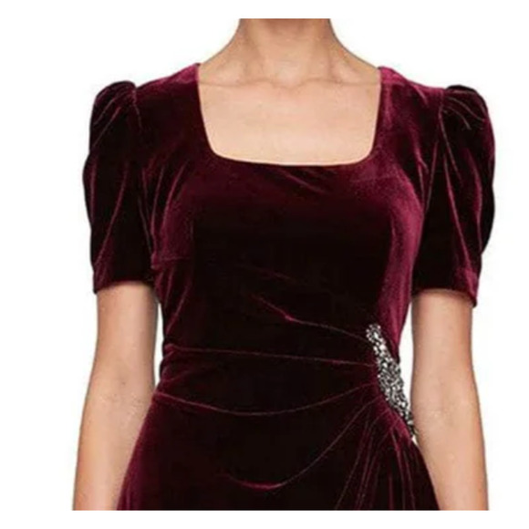 Alex Evenings Velvet Embellished Puff Sleeve Ruched Cocktail Dress | Sz 16 Wine - Picture 8 of 9